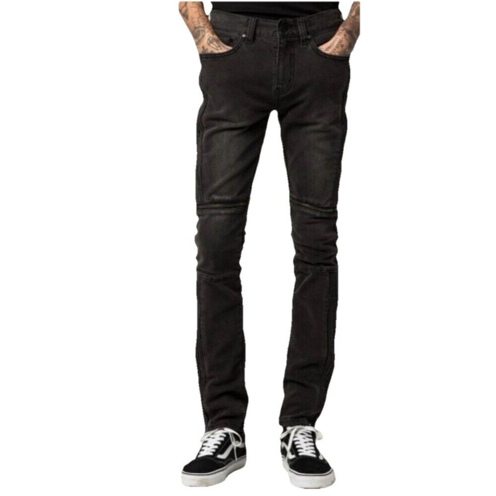 RSQ Moto Jeans Mens 34x32 Black Seattle Skinny Tapered Zipper Accent Stretch NEW - Picture 2 of 12